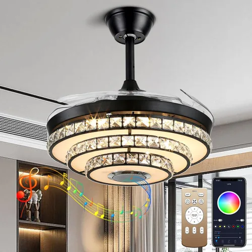Vista 10 de Ventiladores de techo Bluetooth de 42 pulgadas con luces, moderno ventilador de techo retráctil y control remoto, 7 cambios de color, luz de Dorado-2