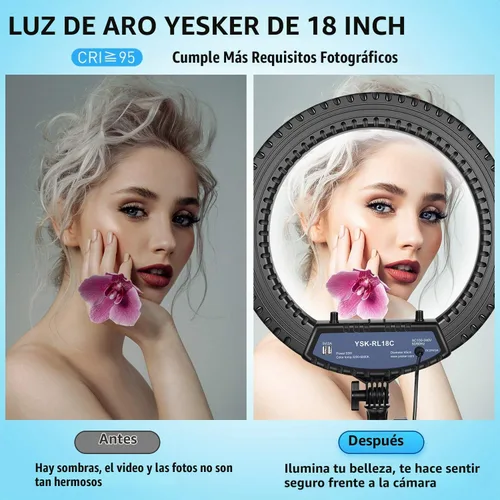 Vista 3 de Yesker Anillo de luz de 18 pulgadas con trípode grande para selfie, luz de anillo ajustable de 6000 K regulable, LED, portátil, profesional, kit