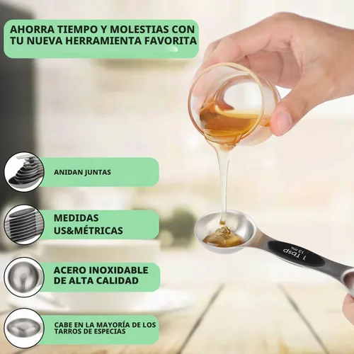 Vista 3 de Juego de 9 cucharas medidoras magnéticas de acero inoxidable de doble cara Negro
