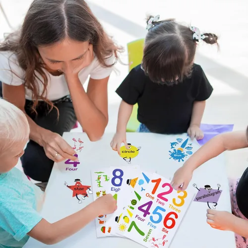 Vista 6 de Tatuo 30 calcomanías de pared con números, calcomanías de pared de geometría de aprendizaje educativo, calcomanías de pared con formas coloridas