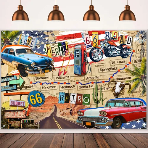Vista 12 de HANYING Telón de fondo vintage de ruta 66, motocicleta clásica para automóvil, estación de servicio, mapa de ruta, fotografía, fondo retro, fiesta