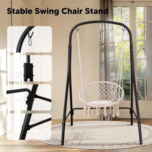 Vista 5 de Silla Hamaca Colgante de Interior con Soporte, Silla Colgante de Exterior con Soporte, Capacidad de 400 libras, Beige
