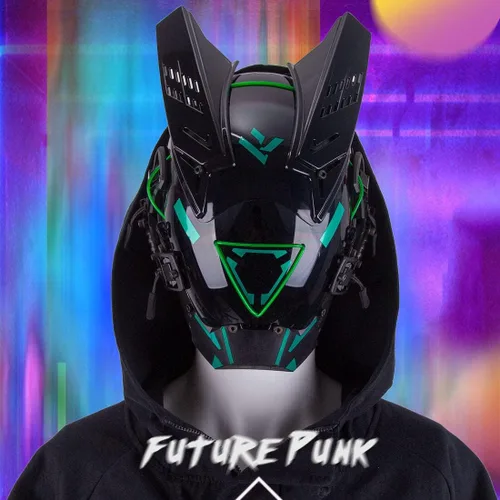 Vista 7 de DECI Casco punk gótico, máscara de cosplay con luz, futurista para máscara Cyber Punk, fiesta de Halloween para hombres y niños