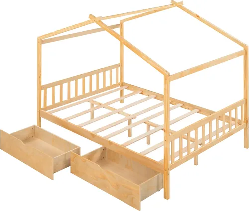 Vista 5 de Harper & Bright Designs Cama de casa de tamaño matrimonial para niños, marco de plataforma de madera Montessori con 2 cajones de almacenamiento