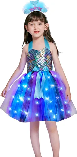 Vista 2 de Davsolly Mermaid Costume for Girls Led Light Up Mermaid Princess Tutu for Birthday Halloween Cosplay Christmas Dress Up Gifts
