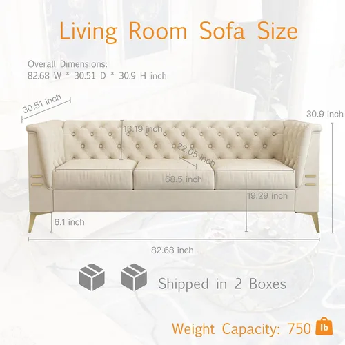 Vista 2 de Sofá de terciopelo beige moderno Mid-Century con patas de metal dorado, sofás Chesterfield de 3 plazas para sala de estar, dormitorio, apartamento