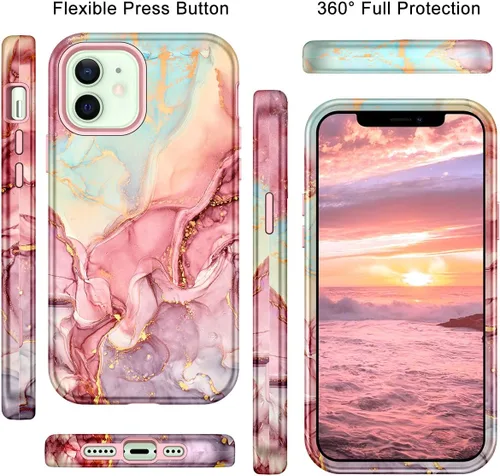 Vista 5 de Btscase para iPhone 12/iPhone 12 Pro, funda resistente de tres capas de mármol a prueba de golpes, cuerpo completo, PC duro + parachoques de TPU