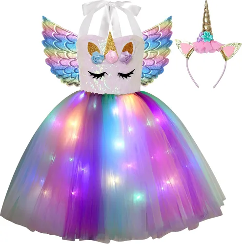 Vista 8 de Disfraz de unicornio para niñas con luz LED, tutú de princesa para disfraz de Halloween, regalo de cumpleaños y Navidad Arco iris profundo+ala