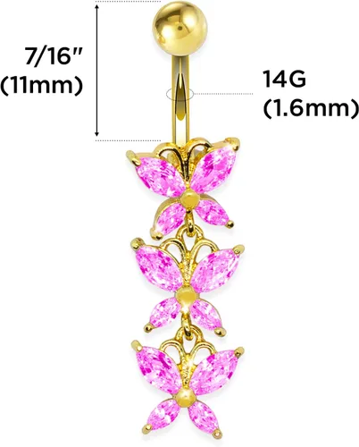 Vista 3 de Anillo de vientre con 3 mariposas de oro anodizado 316L con piedras CZ