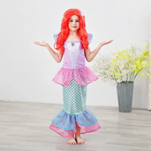 Vista 2 de Ficlwigkis Disfraz de sirena para niños vestido de fiesta de lentejuelas vestido de sirena pequeña para niñas fiesta de cumpleaños cosplay 3-10 años
