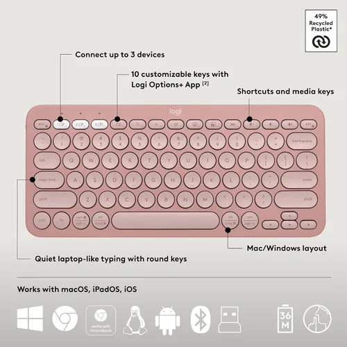 Vista 6 de Logitech Pebble 2 Combo, teclado y mouse inalámbricos, silencioso y portátil, personalizable, perno logi, Bluetooth, fácil de cambiar para PC, Mac