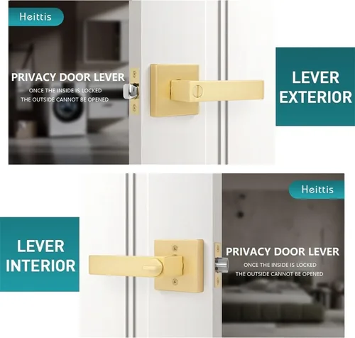 Vista 2 de Paquete de 1 perilla de puerta dorada de privacidad, perilla cuadrada de latón para baño, manija de puerta dorada interior bloqueada