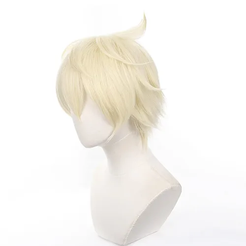 Vista 3 de XiongXiongLe Peluca corta rubia clara para hombres, cosplay, anime, Genshin Impact, Bennett, pelucas de repuesto para niños, para fiestas