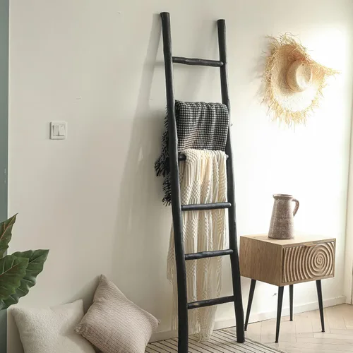 Vista 2 de FUIN - Escalera decorativa de madera maciza rústica de 6 pies, color negro