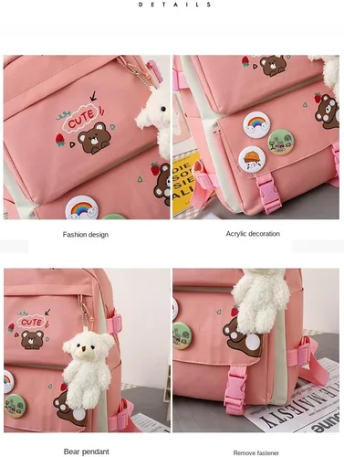 Vista 4 de Linda mochila con accesorios kawaii Juego de 5 bolsas estéticas, Oso negro, Classic
