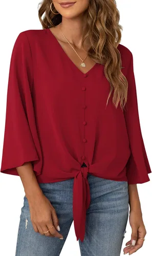 Vista 9 de VIISHOW Blusas de verano para mujer, con botones, cuello en V, de gasa, mangas acampanadas de 3/4, con nudo, casuales 01 Blanco
