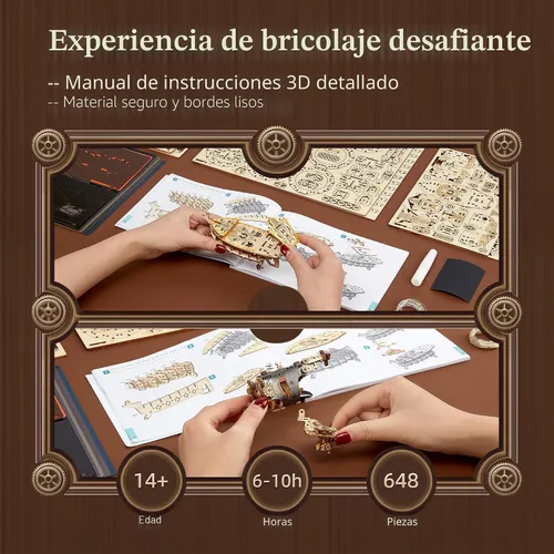 Vista 4 de FUNPOLA Rompecabezas de Madera LED 3D Modelo de Dirigible de Fantasía - Kit de Manualidades Steampunk DIY con Luces LED - Conjunto de Construcción