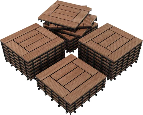 Vista 10 de Yaheetech 27 azulejos de madera para terrazas de patio, azulejos entrelazados para patio, madera maciza y plástico para interiores y exteriores, 12