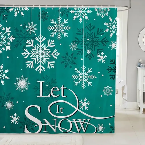 Vista 29 de Homewish Cortina de ducha de árbol de Navidad, juego de cortina de ducha de baño con diseño de copo de nieve dorado para niños y adultos, cortina