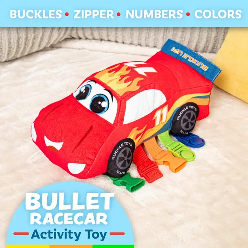 Vista 2 de Buckle Toys - Bullet Racecar - Desarrolla habilidades motoras finas - Juguetes de actividad de aprendizaje sensorial - Esencial de viaje en avión