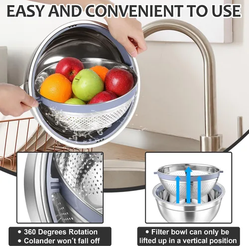 Vista 3 de E-far Colador con Juego de Tazón Mezclador, Coladores de Acero Inoxidable 4 en 1 con Ralladores para Cocina, Tazón Colador de Alimentos Giratorio