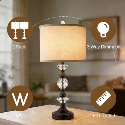 Vista 4 de Juego de 2 lámparas de mesa de cristal de 25.5" para dormitorio, lámparas de mesita de noche de bronce con puertos de carga USB A+C con pantalla