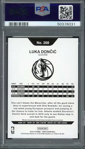 Vista 2 de Luka Doncic 2018 Hoops Basketball Rookie Card RC #268 Graded PSA 10 GEM MINT (Cert# 50376031)