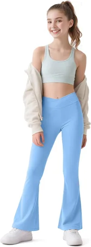 Vista 4 de HASMES Leggings acampanados para niñas con bolsillos, parte inferior acampanada, cintura alta, pantalones de yoga para danza, ropa deportiva