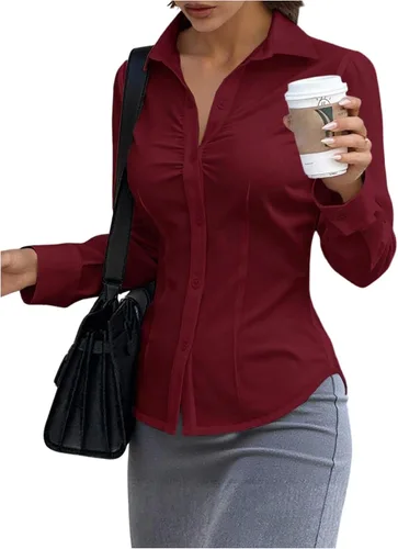 Vista 7 de GORGLITTER Blusa ajustada fruncida para mujer, de manga larga, con cuello, ajustada, para negocios, trabajo, casual, otoño, moda