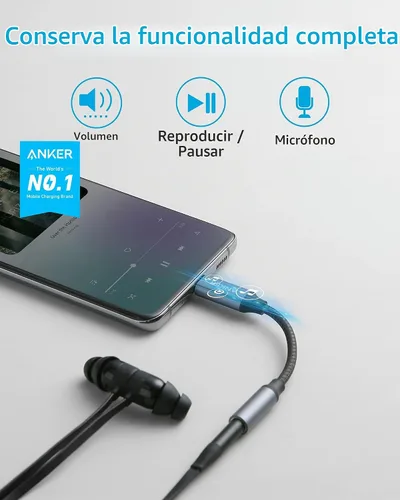 Vista 2 de Anker Adaptador de Audio USB C a 3.5mm, Cable de Nylon Macho a Hembra para Samsung S20/S20+/S20 Ultra, Pixel 4/+ 4XL, y Más Dispositivos Tipo C