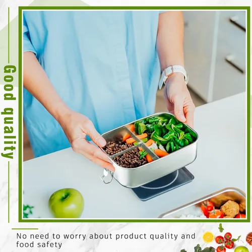 Vista 5 de Umigy Lonchera Bento de acero inoxidable, 2 unidades, con cuchara plegable, tenedor, 3 compartimentos, contenedor de alimentos de acero inoxidable
