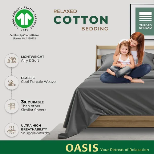 Vista 5 de THREAD SPREAD Juego de sábanas de 100 % algodón orgánico tamaño King de 4 piezas, tejido de percal de algodón orgánico, ropa de cama suave, fresca