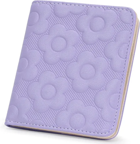 Vista 15 de Billetera para mujer, delgada y pequeña, billetera compacta con RFID, plegable, compacta, para mujer, cartera de cuero en relieve 3D con soporte