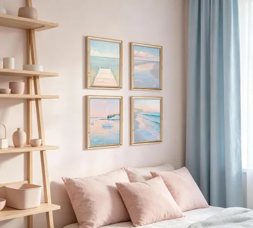 Vista 3 de DULASI Juego de 6 lienzos de paisaje costero de playa, impresiones en lienzo de océano rosa y azul, cuadros abstractos de paisaje marino de verano