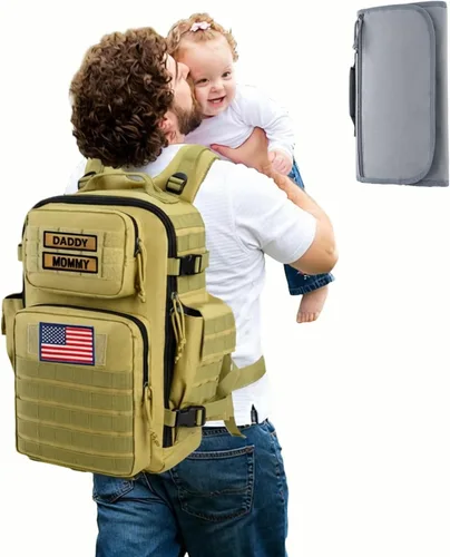 Vista 11 de SHARKMOUTH - Bolsa de pañales para papá para hombre, mochila militar para bebé con parches para senderismo, viajes, viajes de campamento, regalos