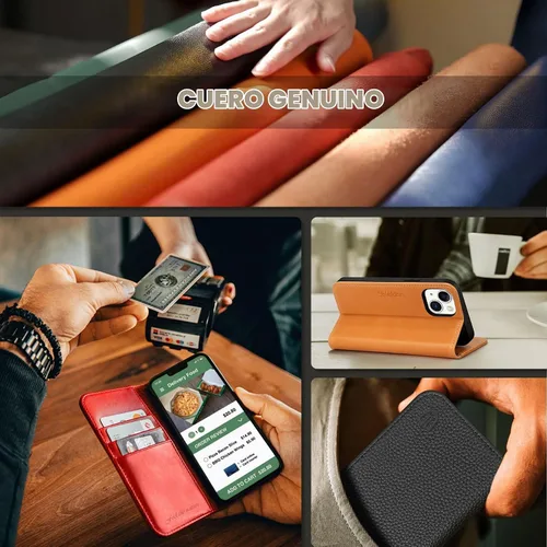 Vista 9 de SHIELDON Funda para iPhone 14 de 6.1", Funda tipo cartera de cuero genuino [Cierre magnético] [Ranuras para tarjetas con bloqueo RFID] [Soporte]