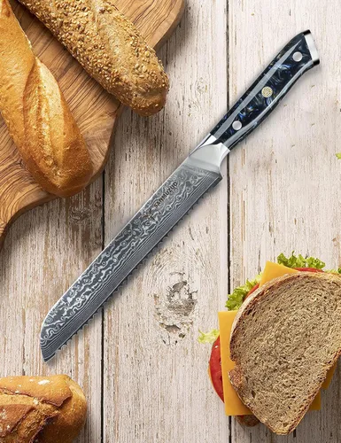 Vista 5 de Cuchillo de chef de cocina dentado de 8 pulgadas, mango de acero y resina de Damasco - Serie Xuan (negro estrellado)