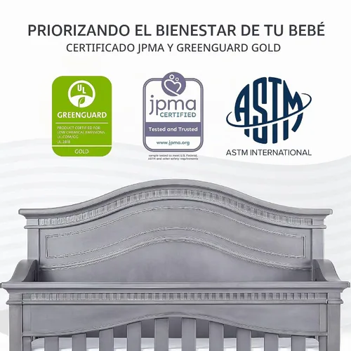 Vista 3 de Evolur Cheyenne - Cuna convertible de panel completo 5 en 1 en gris tormenta, certificado JPMA y Greenguard Gold, hecha de madera dura seca al
