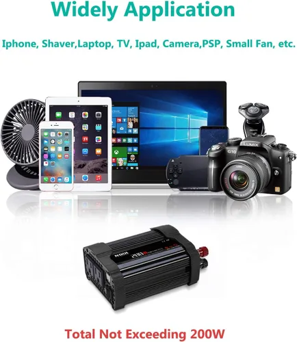 Vista 4 de NDDI 200W Inversor de corriente para automóvil 12V DC a 110V AC con adaptador de cargador USB rápido de 3.1A de doble puerto (Negro) 3.1A Dual USB