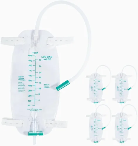 Vista 8 de Paquete de 5 bolsas de 33.8 fl oz para piernas de drenaje urinario con correas ajustables para el hombro y tubo flexible de 17.7 pulgadas con diseño
