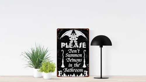 Vista 7 de Letrero de metal vintage de Halloween con texto en inglés "Please Do Not Summon Demons in the Bath" (Por favor, no convocar demonios en el baño)