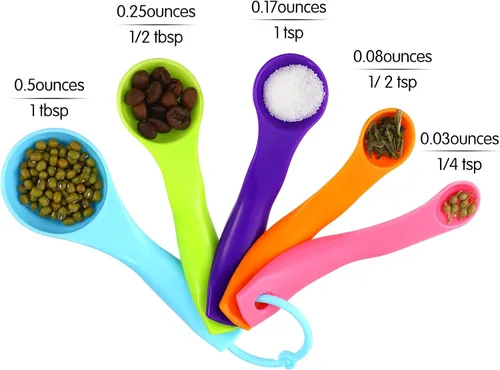 Vista 2 de Frienda 20 cucharas medidoras de plástico coloridas para cocina, hornear ingredientes secos y líquidos