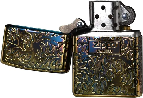 Vista 2 de Zippo Logotipo arabesco clásico oxidado chapado en oro de 5 lados grabado Japón limitado