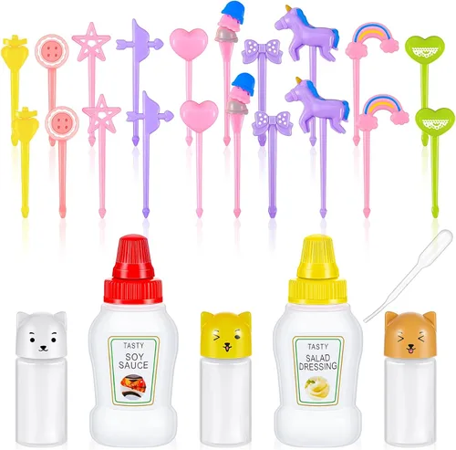 Vista 8 de Contenedor de 26 piezas de lonchera Bento para salsa de soja, 5 mini botellas de plástico para condimentos, lindos accesorios de almuerzo para niños