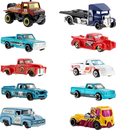 Vista 2 de Hot Wheels Paquete de 10, juego de 10 camiones de juguete a escala 1:64, mezcla de camionetas con licencia oficial y sin licencia, rescate o semi