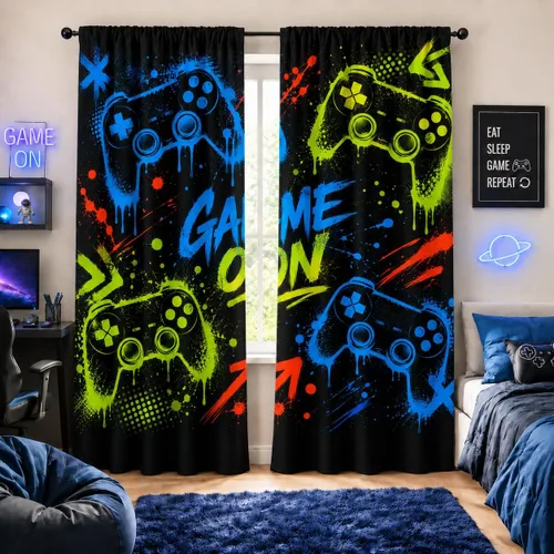 Vista 35 de Cortinas espaciales para ventana gamer con controlador de juego neón y diseño de planeta, cortinas decorativas para dormitorio, sala de juegos, sala
