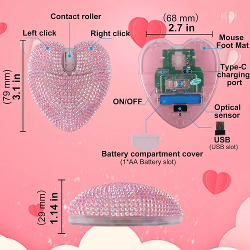 Vista 9 de Ratón inalámbrico Bluetooth con forma de corazón rosa, modo doble, recargable, silencioso, portátil, con diamante brillante y luz LED, para PC