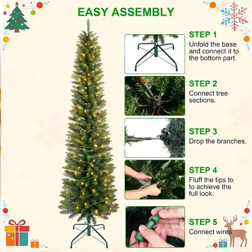 Vista 8 de Árbol de Navidad artificial preiluminado de 5 pies, color verde, para espacios pequeños, hogar, oficina, decoración de vacaciones Lápiz