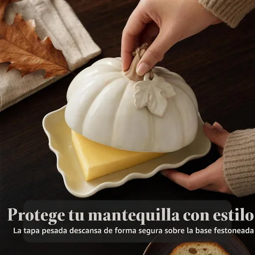 Vista 6 de Mud Pie Mantequillera de calabaza con tapa, plato de mantequilla de otoño