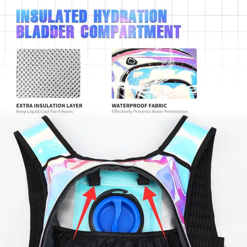 Vista 6 de Mochila de hidratación, paquete de hidratación para festivales y raves, mochila de agua con bolsa de hidratación de 2L, mochila de hidratación